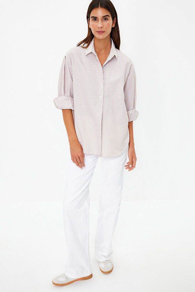 Bej Basic Çizgili Oversize Geniş Kalıp Dokuma Gömlek TWOSS23GO00144 - 2