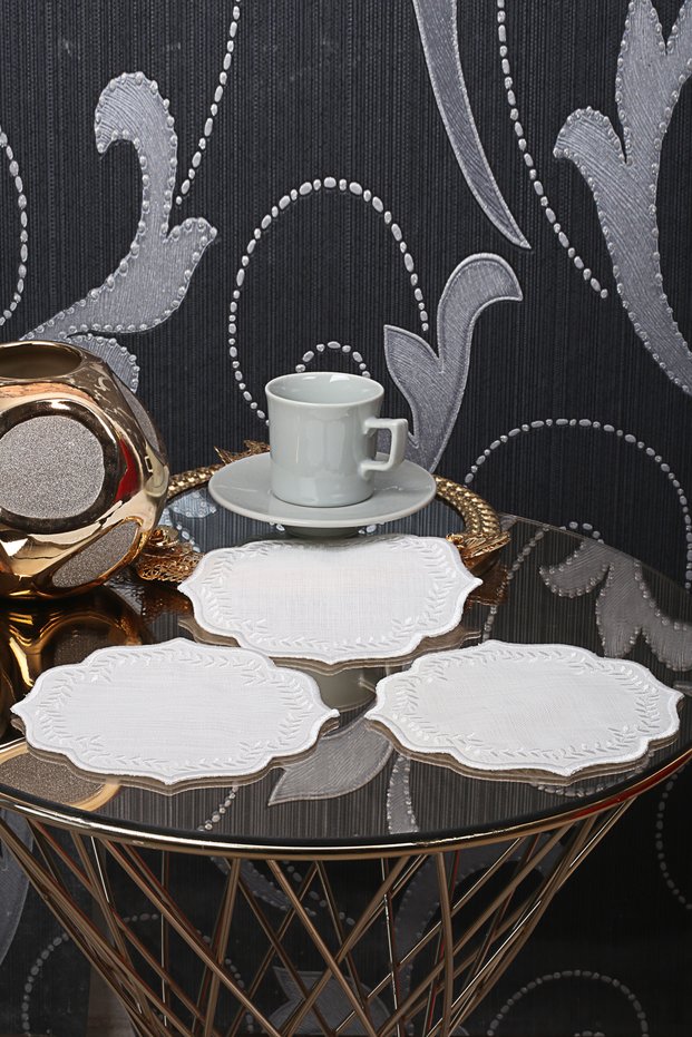 Round Cream & Cream 6-Piece Cocktail Presentation Napkin Embroidered Coffee Presentation Napkin