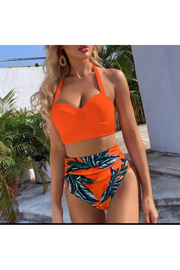 Yüsekbel Çiçekli Turuncu Bikini - 2