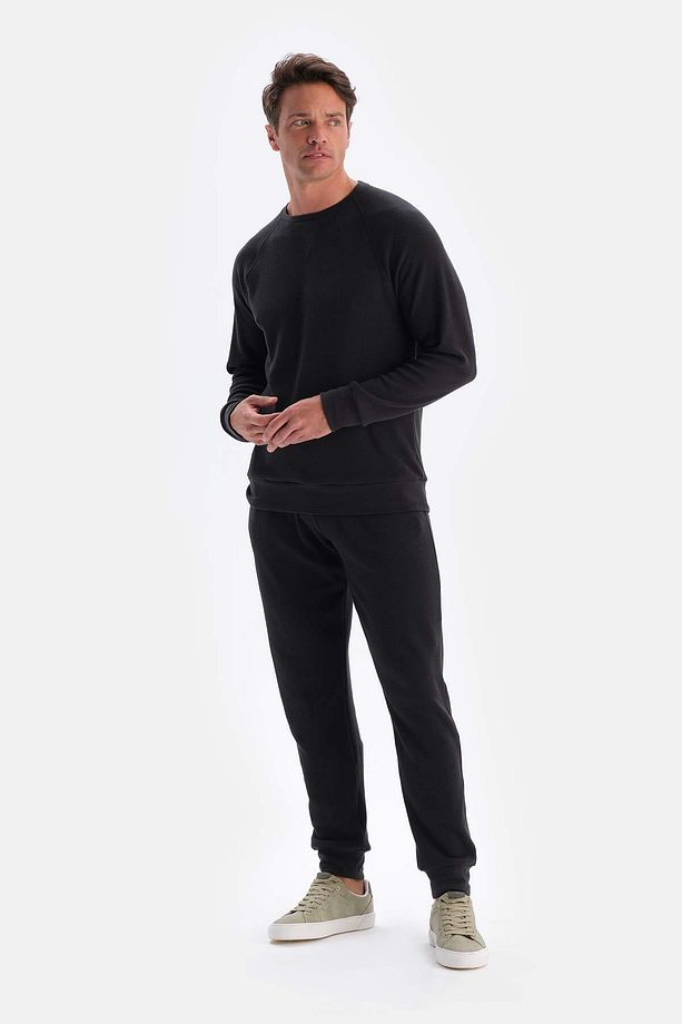 Siyah Bisiklet Yaka Uzun Kollu Waffle Sweatshırt - 3