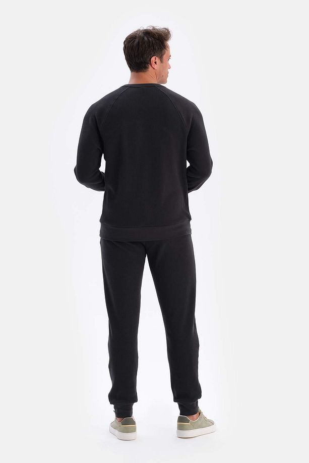 Siyah Bisiklet Yaka Uzun Kollu Waffle Sweatshırt - 2