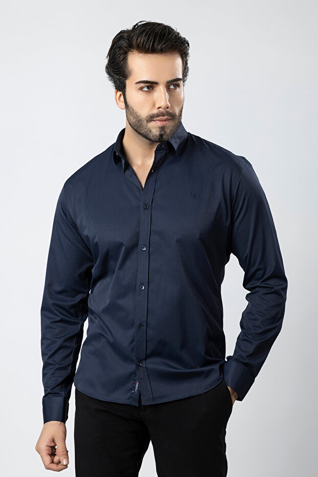 Men's Long Sleeve Shirt Slimfit Lycra Fabric Pa-179 Navy Blue Color