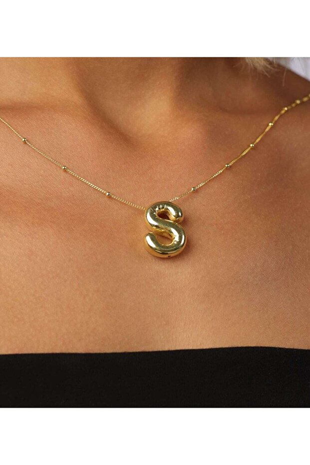 Gold Steel Bubble Letter Necklace with Letter S