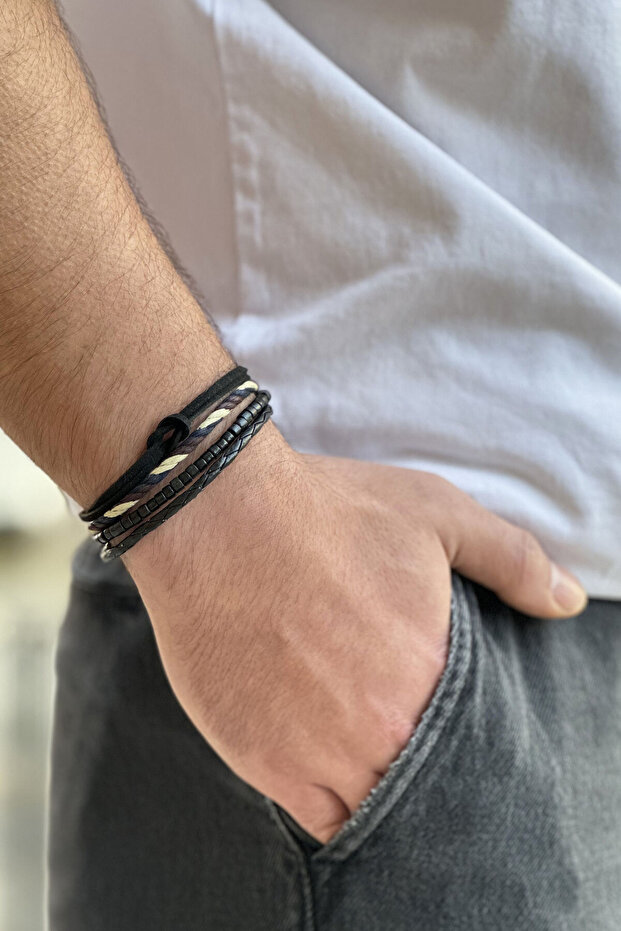 Unisex Multiple Black Bracelet with Friendship Tie Knot Detail