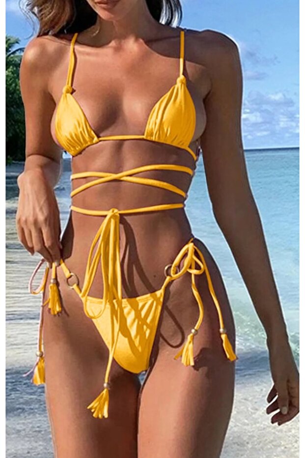 بيكيني أصفر مبطن وبطانة قابلة للإزالة - 1