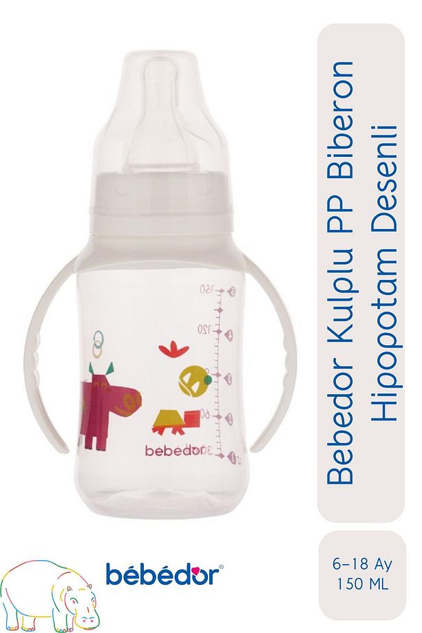 Kulplu PP Biberon 6-18 Ay Hipopotam Desenli 150 ml - 1
