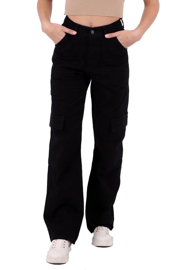 Cargo Pocket Detailed and High Waisted Full Length Hip-Hop Relaxed Women's Cargo Jeans Black Denim