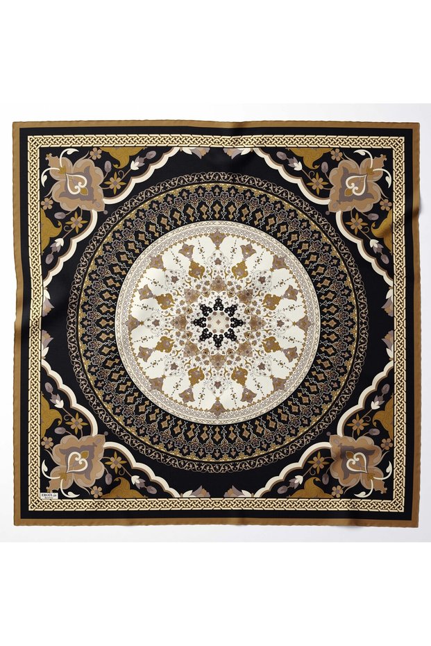 Large Size Silky Sura Rayon Scarf - Black - Gold - 120 X 120 cm