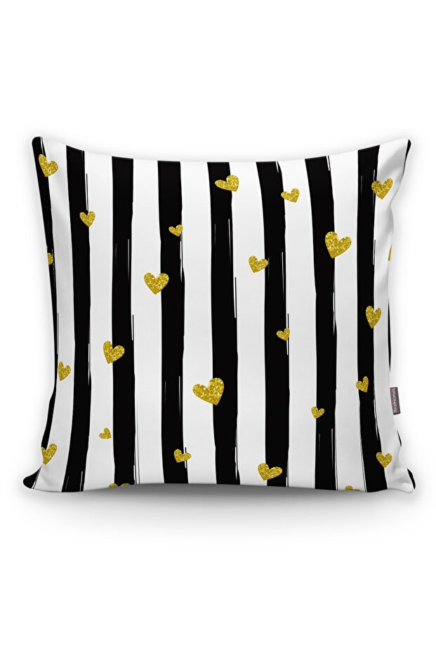 Black and White Stune on Lines Large Small Mustard Heart Motif Throw Pillow Cover