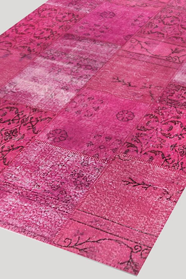 Fuşya El Dokuma Ve El Dikişli Patchwork Halı - 3