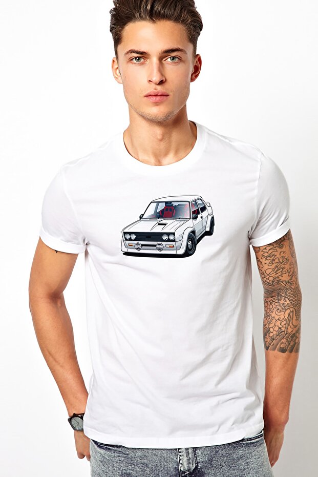 قميص محبوك للرجال باللون الأبيض مطبوع عليه Fiat 131 Abarth Rally