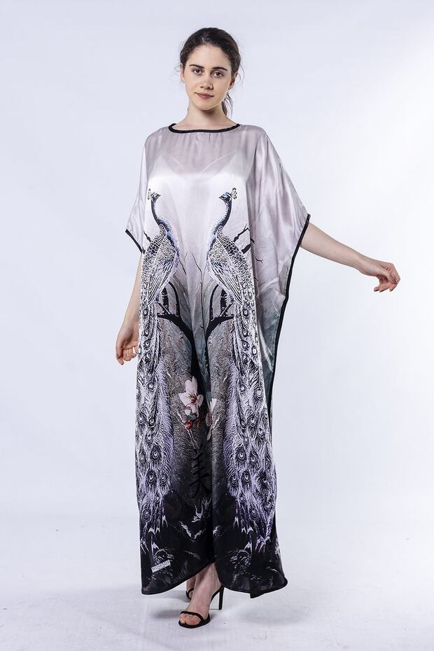 Long Silk Dress| Peacock Pattern| Nomads Felt