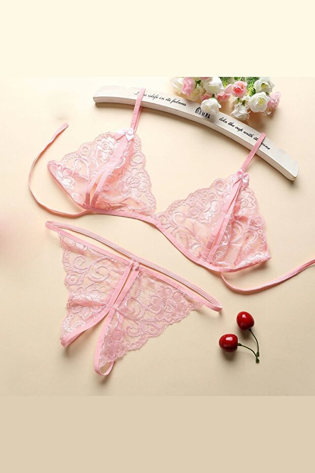 Kadın Pembe Dantel Sütyen Takımı - 1