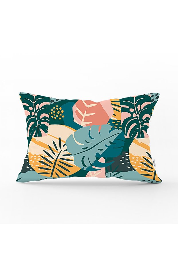 Pastel Colored Orange Blue Palm Leaf Dot Design Rectangular Throw Pillow Cover