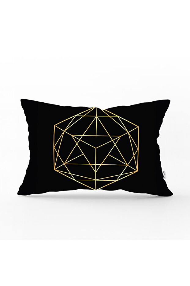 Geometric 3D Black Gold Patterned Rectangular Throw Pillow - Cover - 1