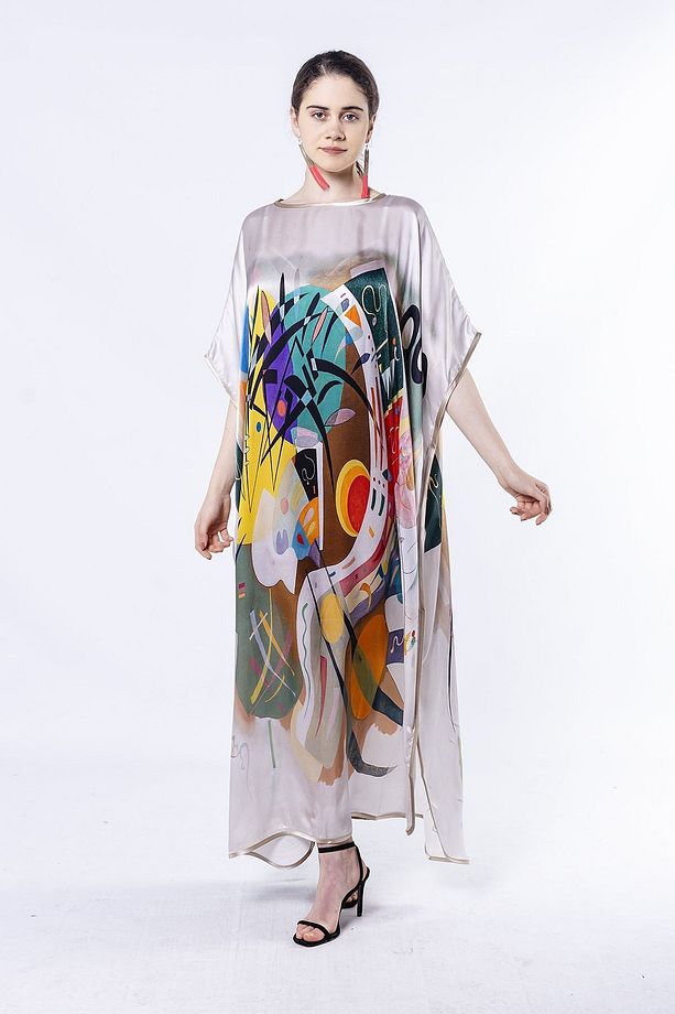 Saf İpek Uzun Elbise | Kandinsky Dominant Curve | Nomads Felt - 1