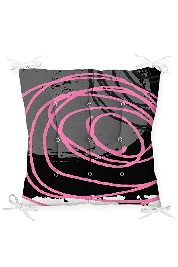 Pink Mixed Spiral Drawing Fluffy Chair Cushion on Gray Black White Floor