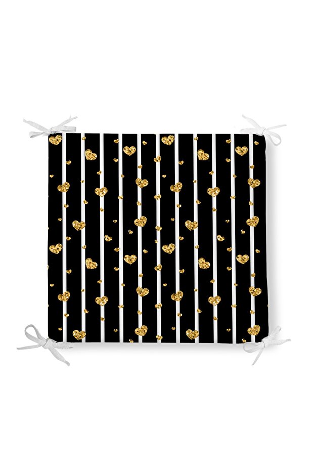 Mustard Heart Motif Zippered Chair Cushion with White Column Line Design on Black Background