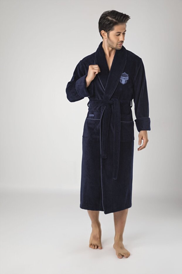 Men's Navy Blue Sports Embroidered Shalyaka Bamboo Bathrobe