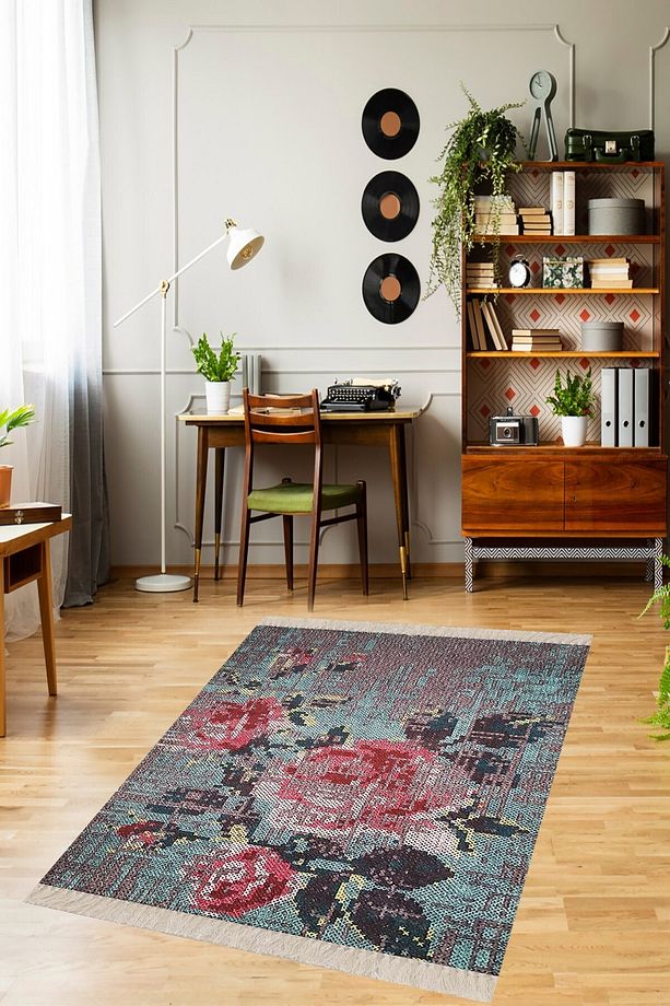 Patchwork Gül Desenli Dijital Baskı Yıkanabilir Kaymaz Taban Modern Salon Halı 80 x 150 - 1