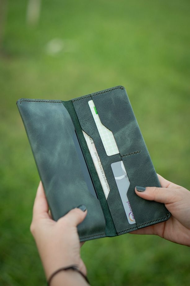 Minimal X Long Uzun Cüzdan - Yeşil - Telefon Para Cüzdanı - Gerçek Deri El Yapımı - Tasarım - 1