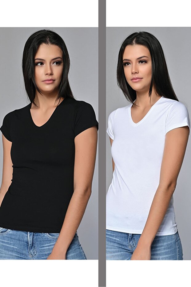 Kadın 2li V Yaka Basic Tshirt - 1