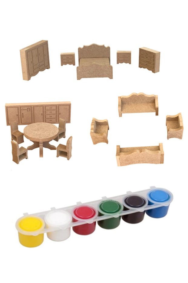 Paintable Wooden Toy 15 Pieces Miniature Furniture Set 6 Pieces Paint Set and Brush Gift