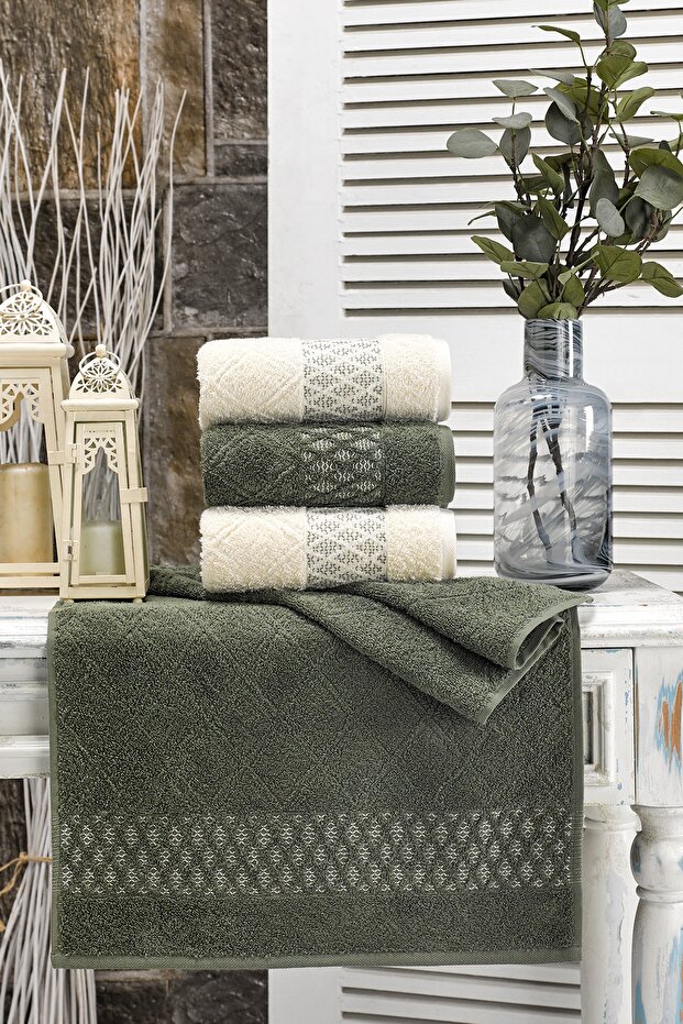 Foresthand and Face Towel Set | Green-Cream 4 Pcs 50X90 cm