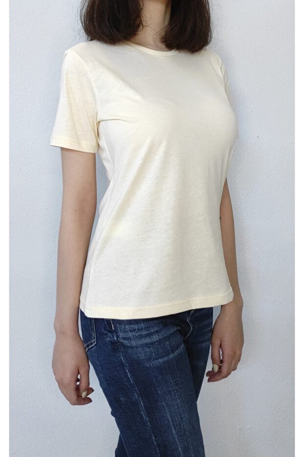 Women's Cream Basic Crew Neck 100% Cotton Short Sleeve T-shirt
