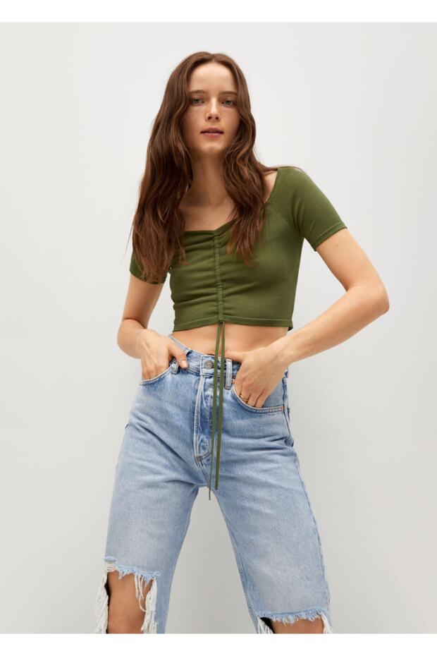 Kadın Haki Renk Drapeli Kısa Üst - 1