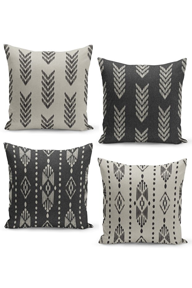 4-Piece Throw Pillow Cover Set Linen Tweed Background Ikat Patterned