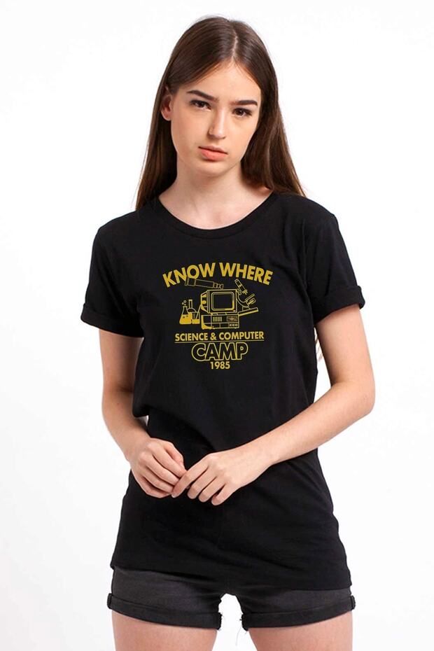 Stranger Things Know Where Camp Baskılı Siyah Kadın Örme Tshirt - 1