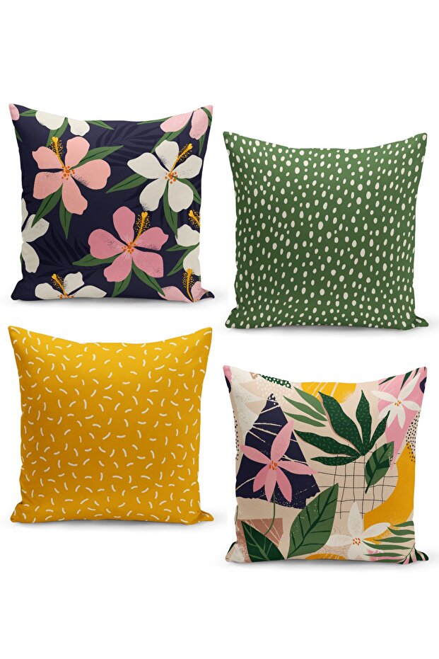 4-Piece Throw Pillow Cover Set Floral And Polka Dot Mid-Century Modern Art Design