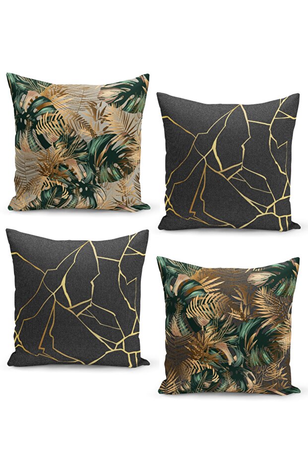 4-Piece Throw Pillow Cover Set Linen Tweed Background Appearance Gold And Green Tropical Leaves