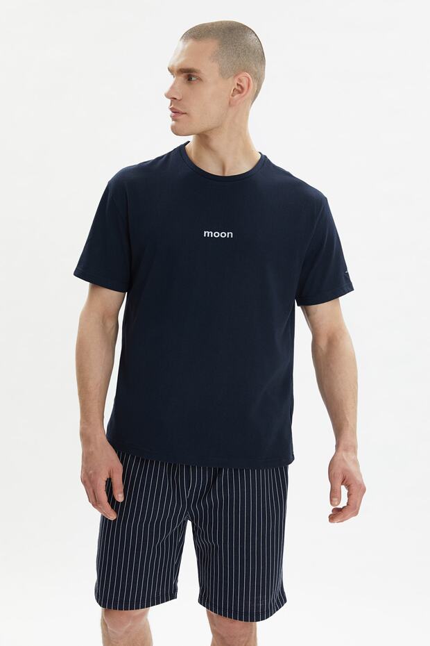 Lacivert Regular Fit Baskılı Örme Yazlık Şortlu Pijama Takımı THMSS21PT1005 - 1