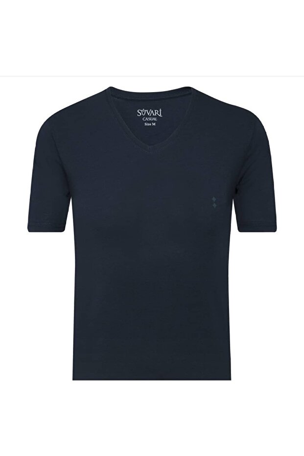 Lacivert Pamuk Basic Fit V Yaka Tshirt - 1