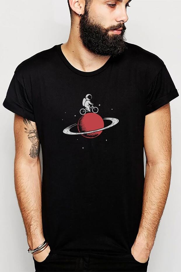 Astronaut Stay On Saturn Biker In Space Printed Black Men's Knitted Tshirt