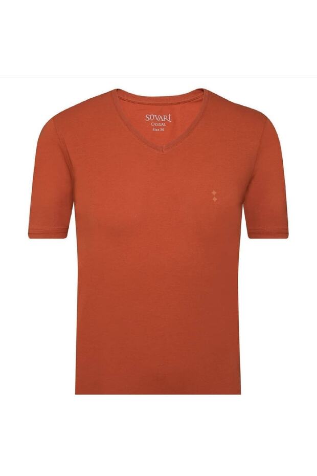 Kiremit Pamuk Basic Fit V Yaka Tshirt - 1