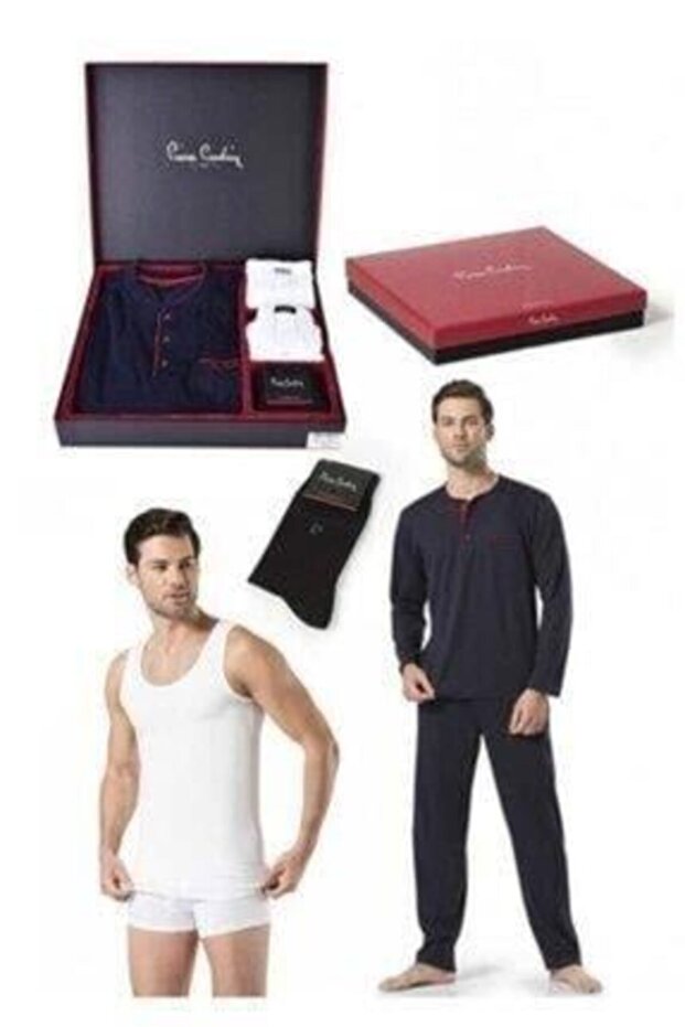 Navy Blue Long Sleeve Pajama Set + Athlete + Boxer + Socks + Belt + Wallet Set