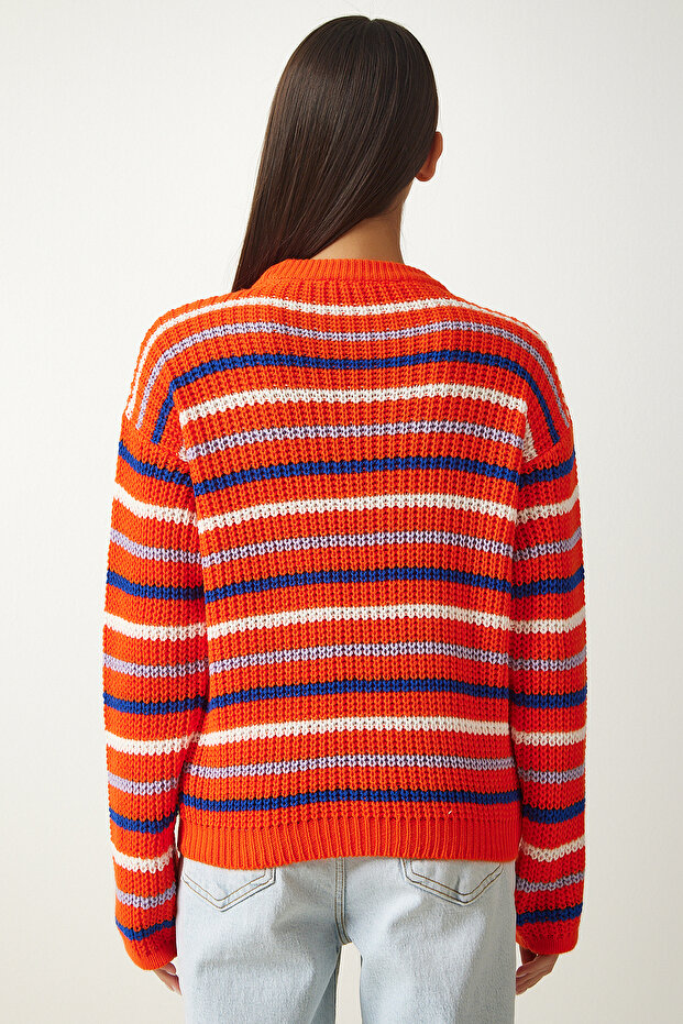 Damski sweter z dzianiny w pomarańczowe paski ZA00072 - 5