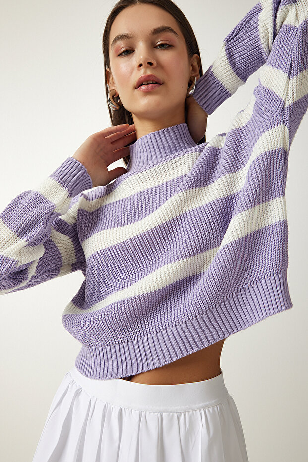 Women's Lilac High Collar Striped Knitwear Sweater ZA00073