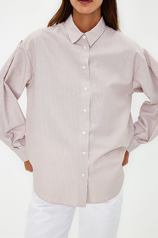 Bej Basic Çizgili Oversize Geniş Kalıp Dokuma Gömlek TWOSS23GO00144 - 5