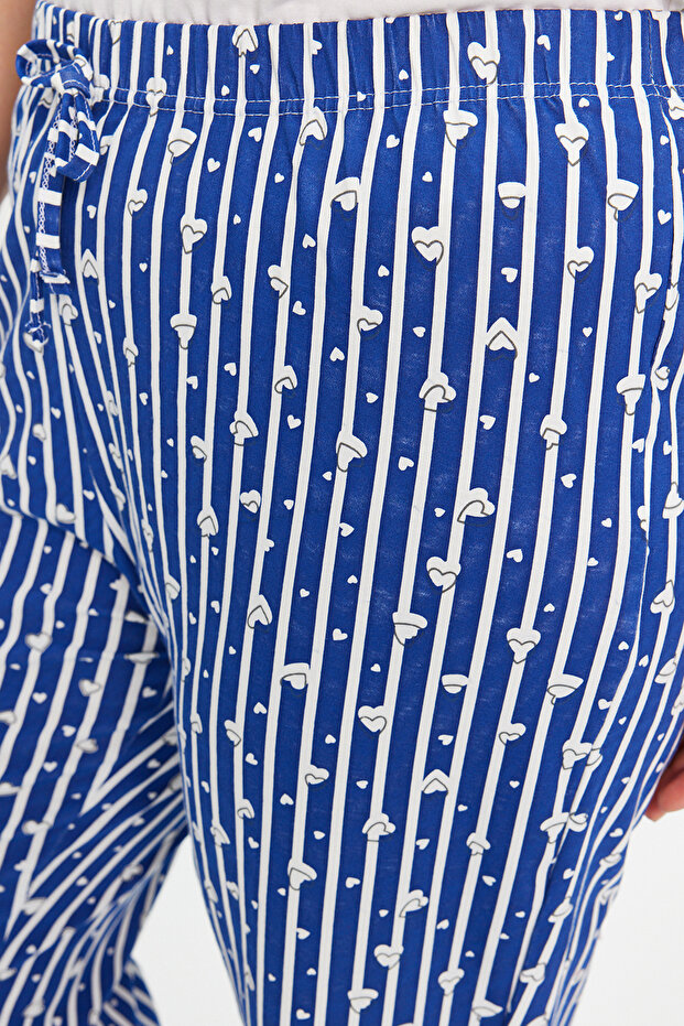 Lacivert Pamuklu Çizgili ve Kalpli Örme Pijama Altı TBBAW24IA00000 - 5
