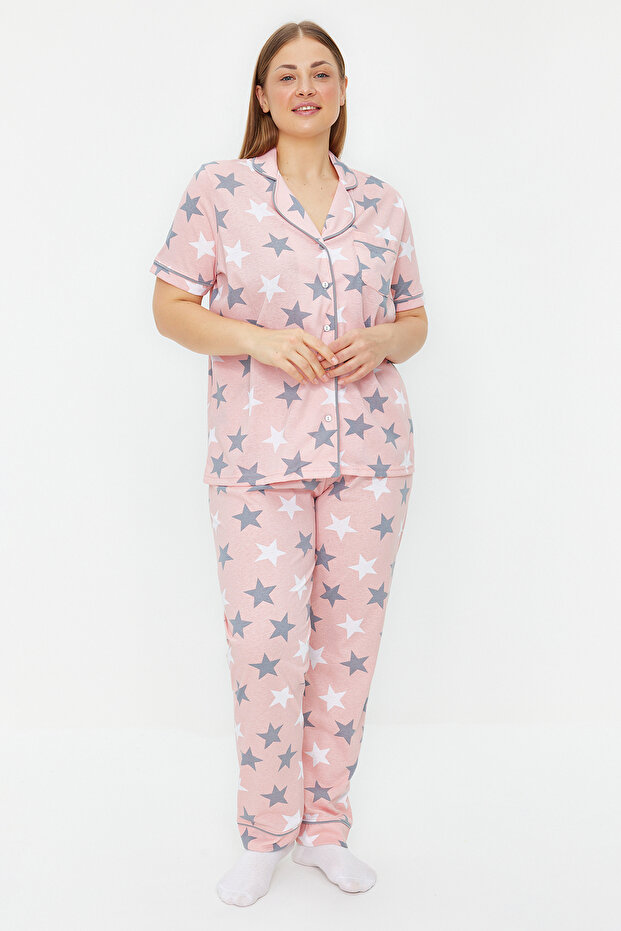 Powder Star Patterned Shirt Collar Knitted Pajamas Set TBBAW24AI00040
