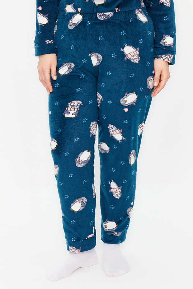 Petrol Penguen Desenli Gömlek Yaka Polar Pijama Takımı TBBAW24AI00025 - 6