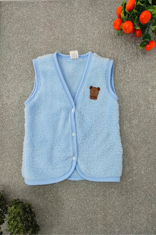 blue color welsoft Teddy Bear Emblem Plush Baby Vest with Snaps on the Front