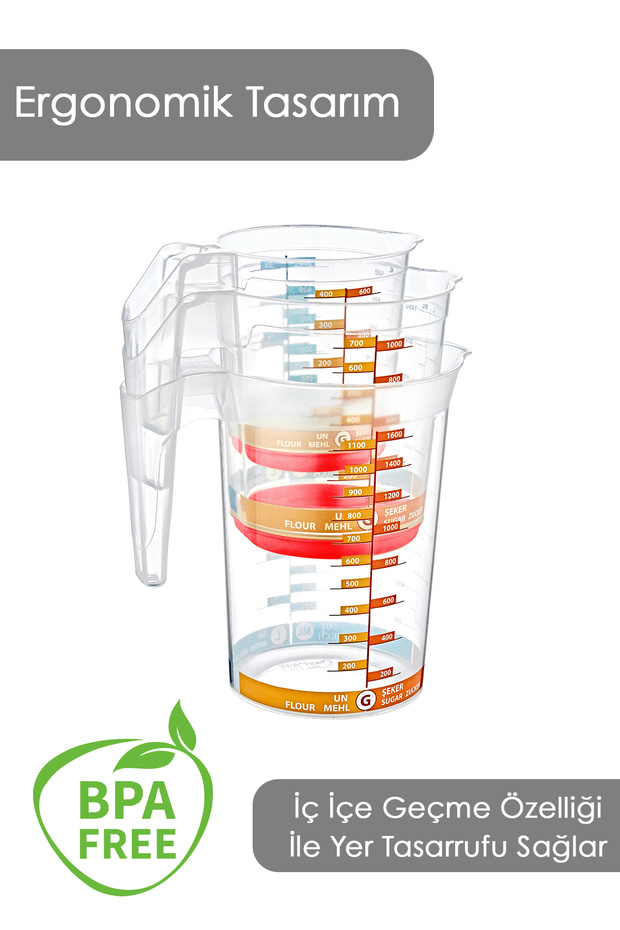 3-Piece Measuring Cup Set - Measured Mixer Mixing Cup with Non-Slip Base and Handle 500 ml -1000 ml - 1750 ml - 2