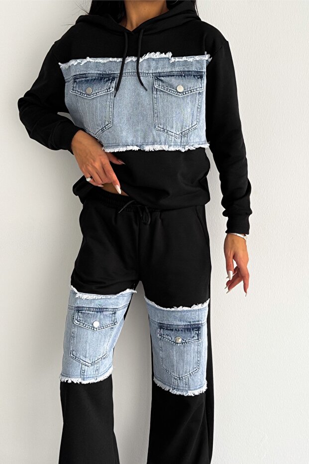 Denim Jeans Paneled Pocket Detailed Hooded Top and Bottom Set