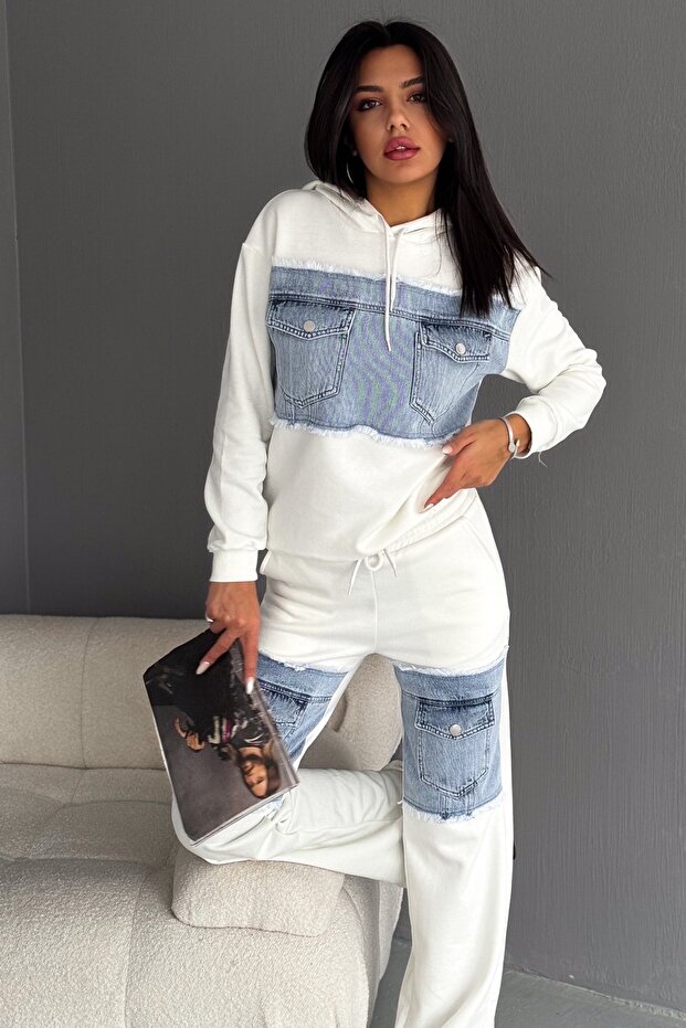 Denim Jeans Paneled Pocket Detailed Hooded Top and Bottom Set