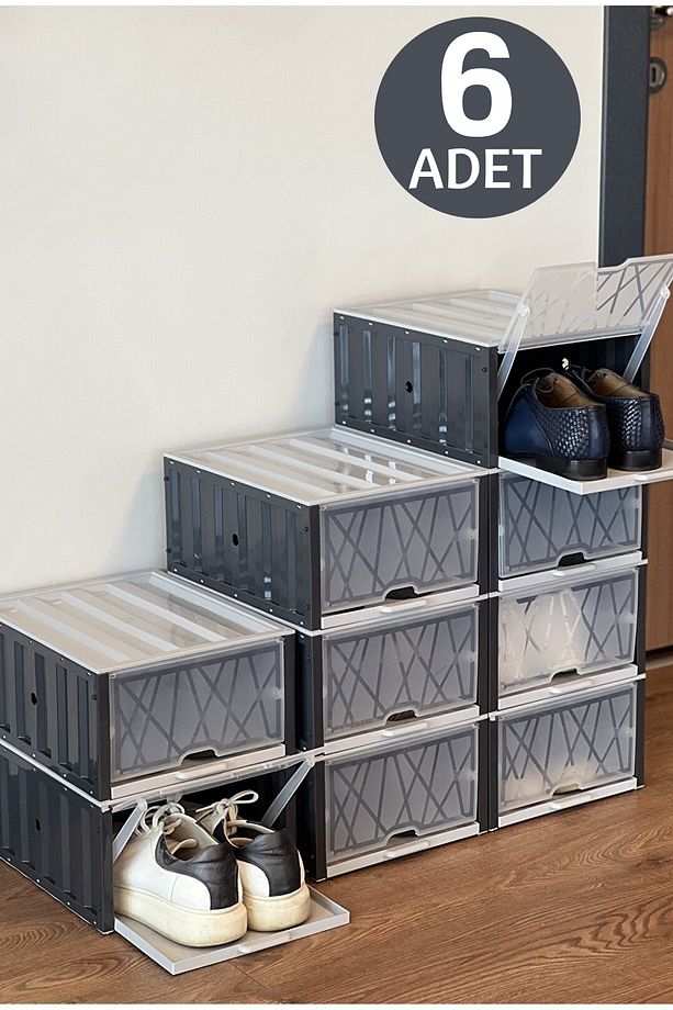 6 Adet Modüler Ayakkabı Saklama Kutusu - İstiflenebilir Ayakkabı Düzenleyici Kapaklı Ayakkabı Dolabı - 1